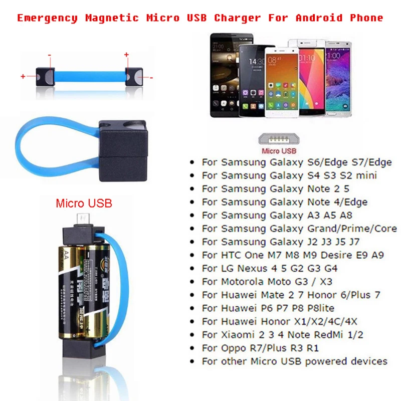 Przenośne magnetyczne AA/AAA akumulator do ładowania przez Micro USB ładowarka awaryjna dla telefon z systemem android.