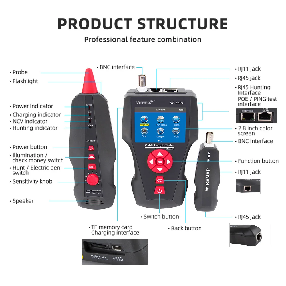 Noyafa-多目的有線ネットワークケーブルテスター,NF-8601W rj45,ケーブルの長さ,8本の取り外しケーブル,ネットワークトラッカー