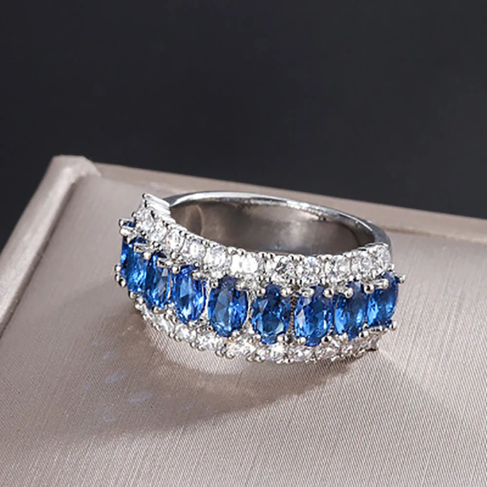 Vintage Blue Corundum Gemstone Big Ring for Women Cocktail Party Finger Bands Jewelry Anniversary Gifts Accessories Wholesale