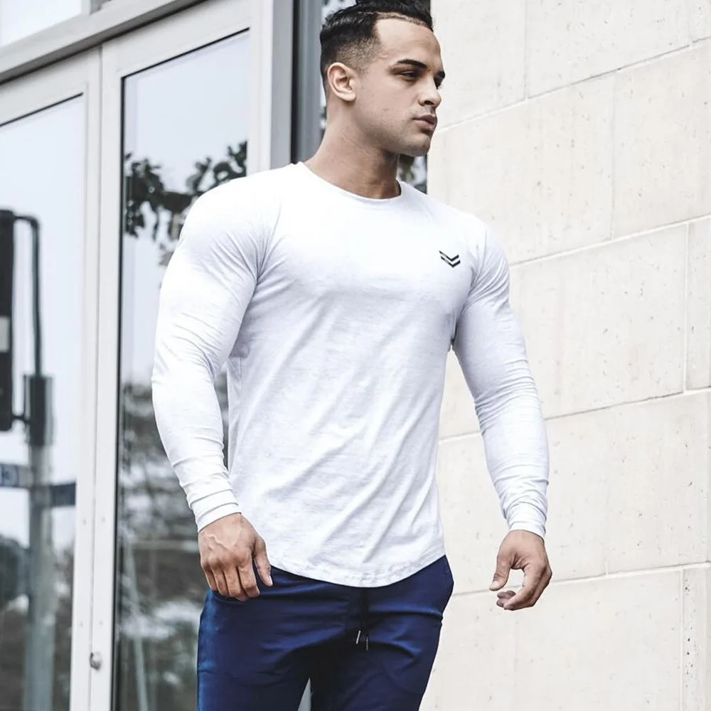 Casual Long sleeve Cotton T-shirt Men Gym Fitness Workout Skinny Shirt  Spring Autumn Male Tee Tops Running Sport Brand Clothing