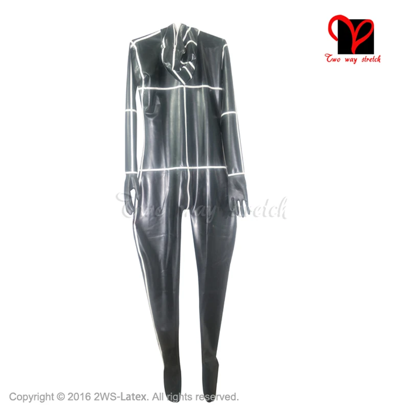 

Black And White Trim Sexy Latex Full Body Suit With Sock Hood Mask Gloves Rubber Catsuit Stocking Jumpsuit Lt-013