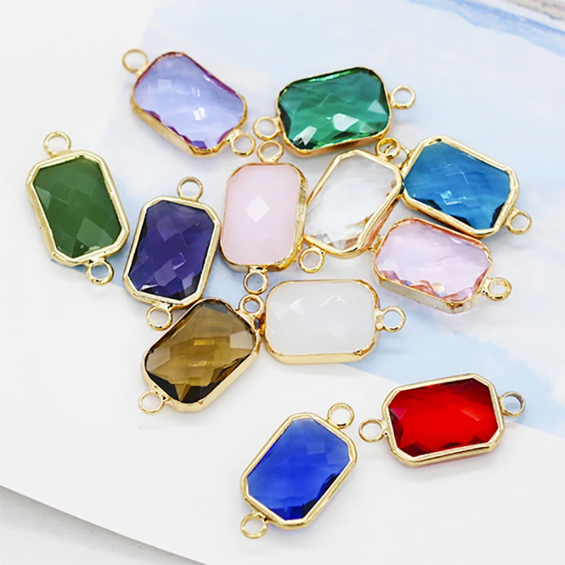 12p Rectangle crystal rhinestone Faceted Framed glass pendant necklace connectorearring findings 2-loop jewelry craft Metal Bead