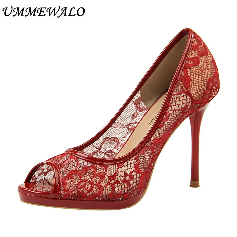 UMMEWALO High Heels Shoes Women Hollow out Design Peep Toe Pumps Super High Shoes Ladies Shoes