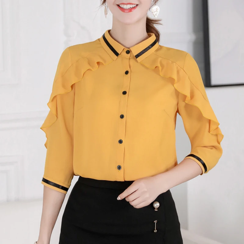 2020 Spring Summer Blouses New Korean Women Blouse Yellow Joker Slim Chiffon Shirt Blusas Office Work Top Casual Shirts