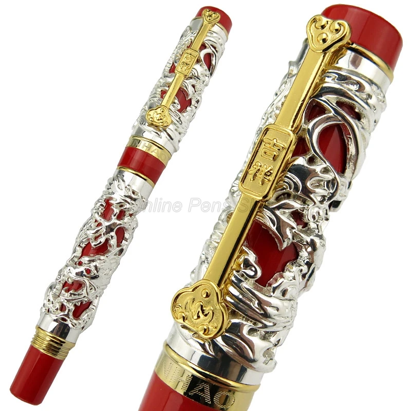 Jinhao Luxurious Dragon Phoenix Fountain Pen, Metal Carving Embossing Heavy Pen, Silver & Red For Office & School & Home