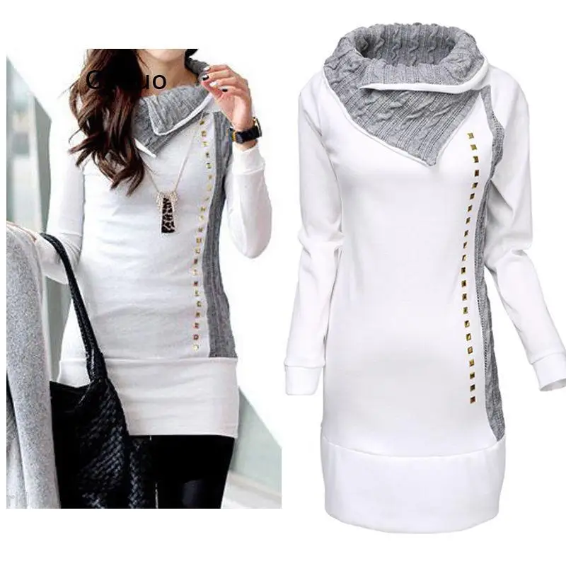 

Casual Women Winter Autumn Long Sleeve Pullover Jacket Sweater Coat Hooded Jumper Tops White High Collar Sweaters