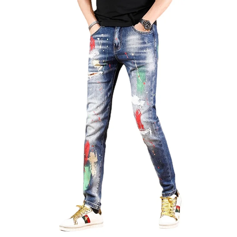 Men Ripped Jeans Streetwear Pants Graphic Printed Patches Blue Jean Homme Fashion Hip Hop Clothing Straight Leg Denim Trousers