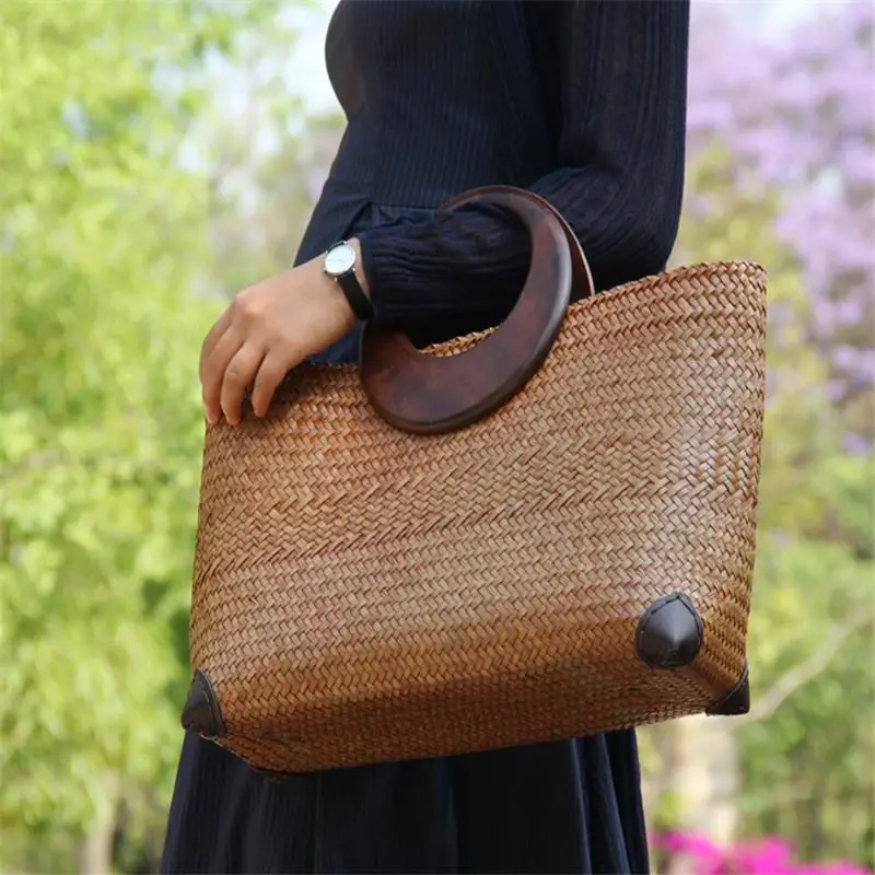 36x20CM Original Chinese Style Handmade Old Straw Bag Rattan Woven Wooden Handle Vintage Handbag Thailand Straw Bag a6103