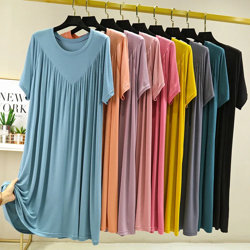 

Summer Nightgowns Women New Short-Sleeved Dress Female Korean Loose V-Shaped Long Nightdress Modal Bottoming Night Shirt