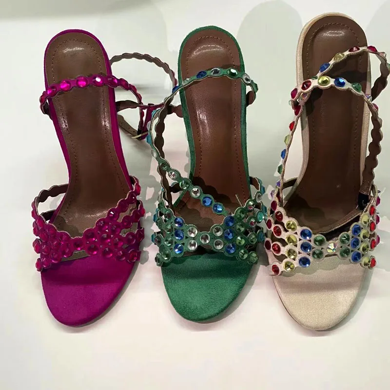 

Green Purple Suede Glitter Rhinestone Beaded Strappy Sandals High Heels Jeweled Crystal Bride Shoes Banquet Pumps