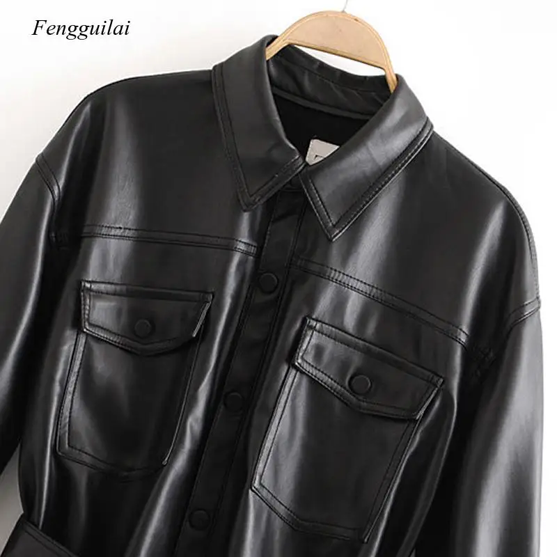 Imagem -05 - Jaquetas de Couro do Falso para Mulheres Manga Longa Gravata Cinto Cintura Streetwear Cabolsas Senhoras 2023 Moda pu Camisa de Couro Jaqueta Topos