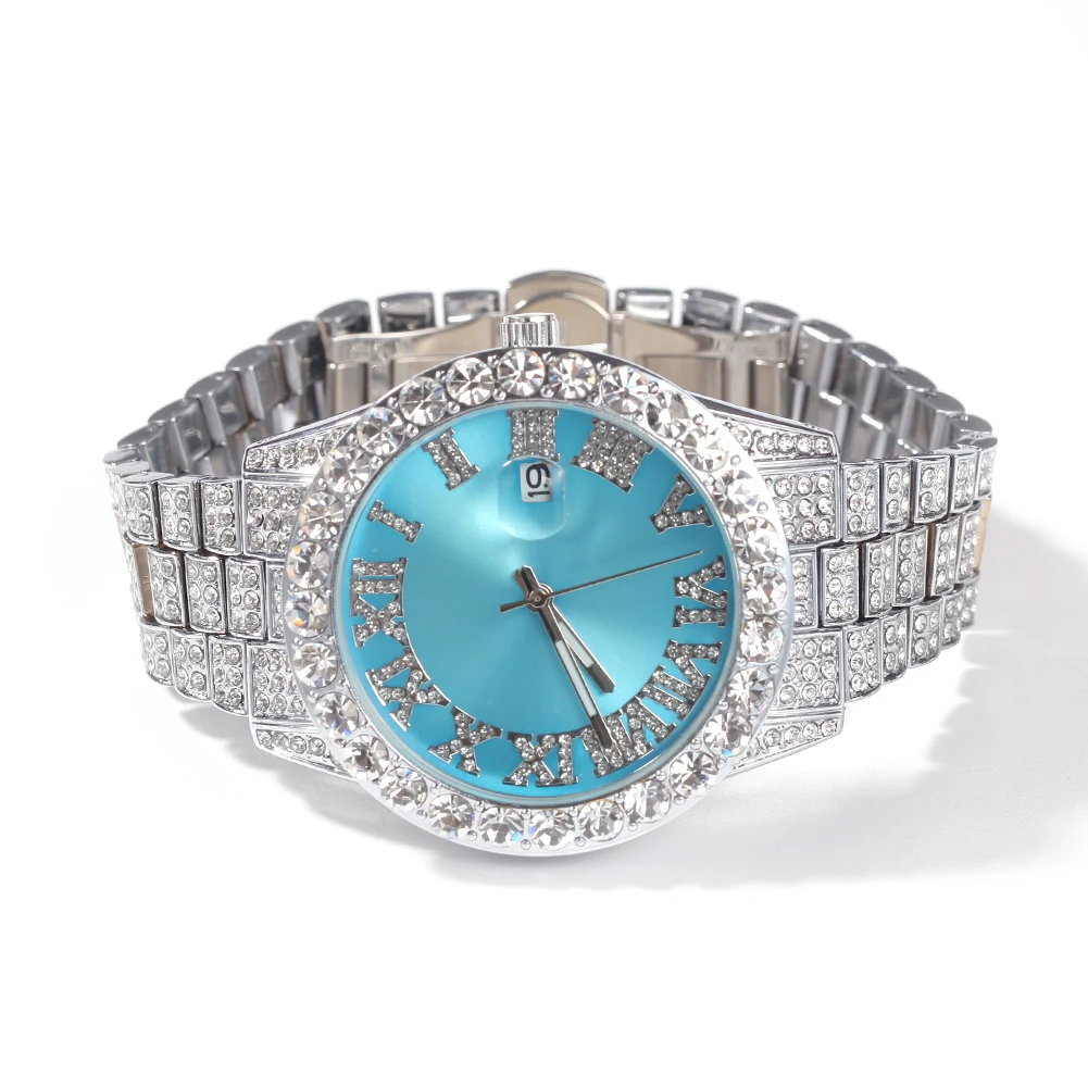 Uwin Big Dial Watches Pink Purple Blue Black Full Iced Out Men Stainless Steel Fashion Luxury Rhinestones Quartz Business