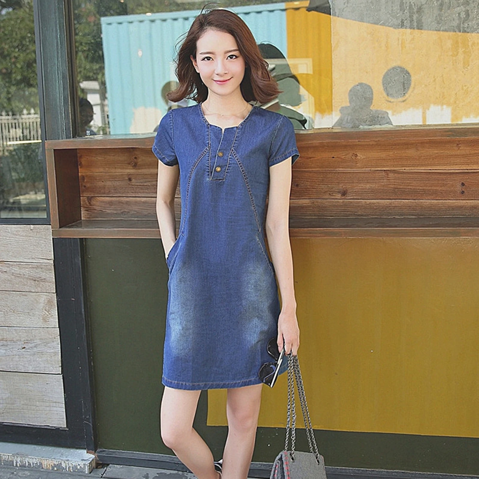 Jeans Dress V-neck Solid Denim Dresses Spring Summer Women Denim Sundresses Short Sleeves Slim Fit Dresses Clothing