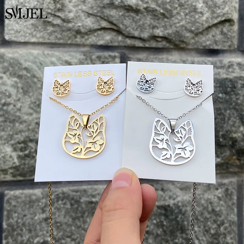 Stainless Steel Hollow Cat Necklaces Lovely Animal Kitten Jewelry Plant Cat Flower Pendant Necklace Women Earrings Collane Gift