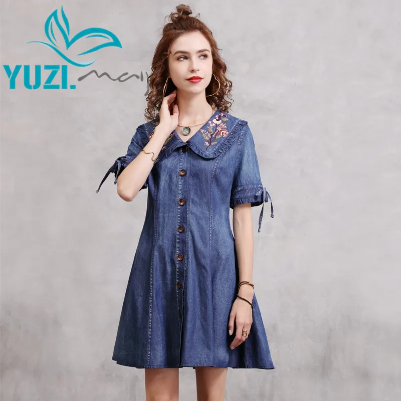 Dress For Women 2021 Yuzi.may Boho New Denim Summer Dresses Peter Pan Collar Short Sleeve Vintage Vestidos A82305 Vestido