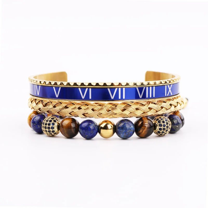 

JARAVVI Hot Sell High Quality Stainless Steel Blue Roman Tiger Eye Stone CZ Ball Adjustable Bracelet Bangle Set Men Jewelry Gift