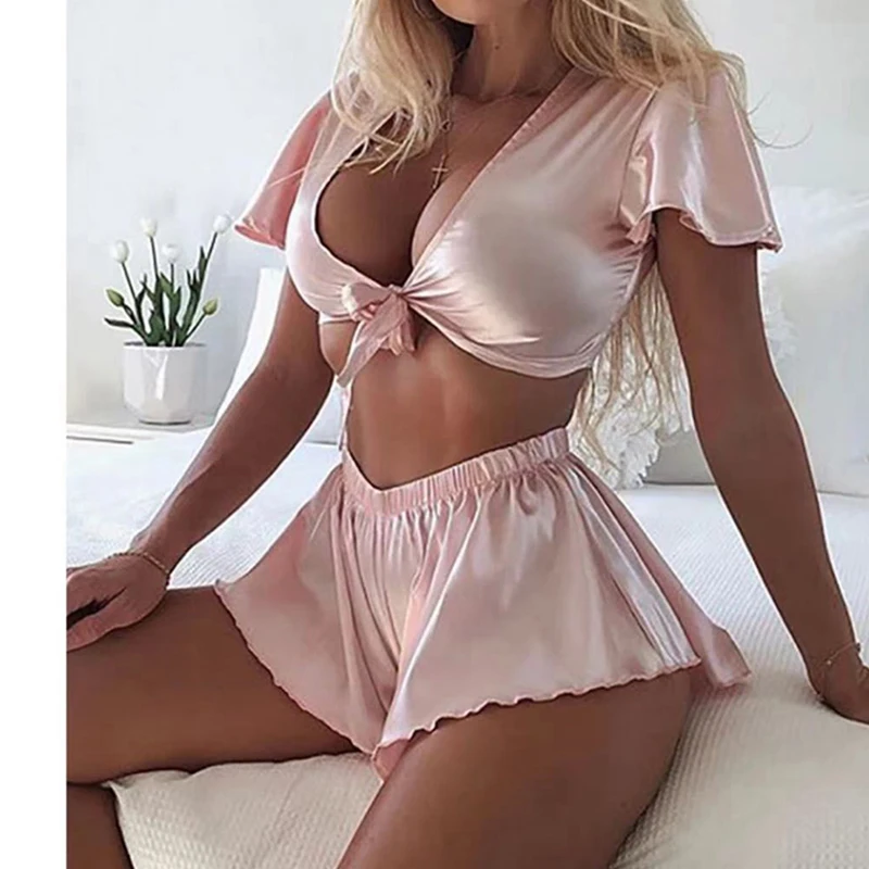 

Sleepwear Silk Imitation Women's Pajamas Deep-V Lace up Nightgown Sexy Pajamas Sets Suit Pink Sexy Nightie Wholesale