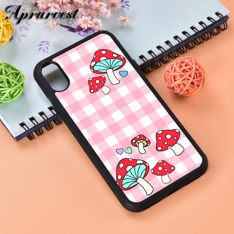 Aprarvest Shrooms Pink Checkboard Silicone Rubber Phone Case Cover For iPhone 6 6S 7 8 PLUS X XS XR 11 12 MINI PRO MAX