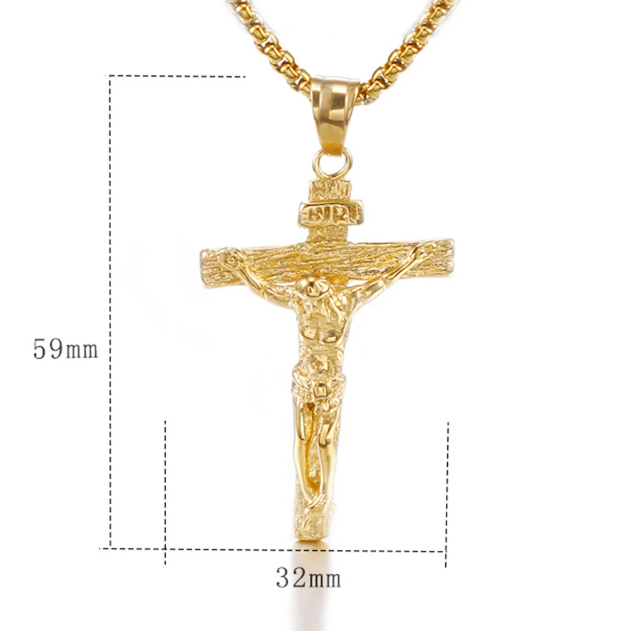 INRI Crucifix Jesus Cross Pendant Necklaces For Men Gold Color Stainless Steel Chains Men\'s Religious Christian Jewelry Gift