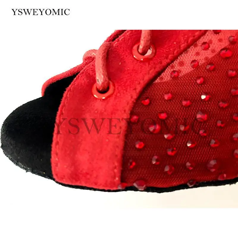 Red Rhinestones Dance Boots Strong Mesh Fashion Style Soft insole High Quality Practice Bachata Salsa Latin Dance Shoes Women