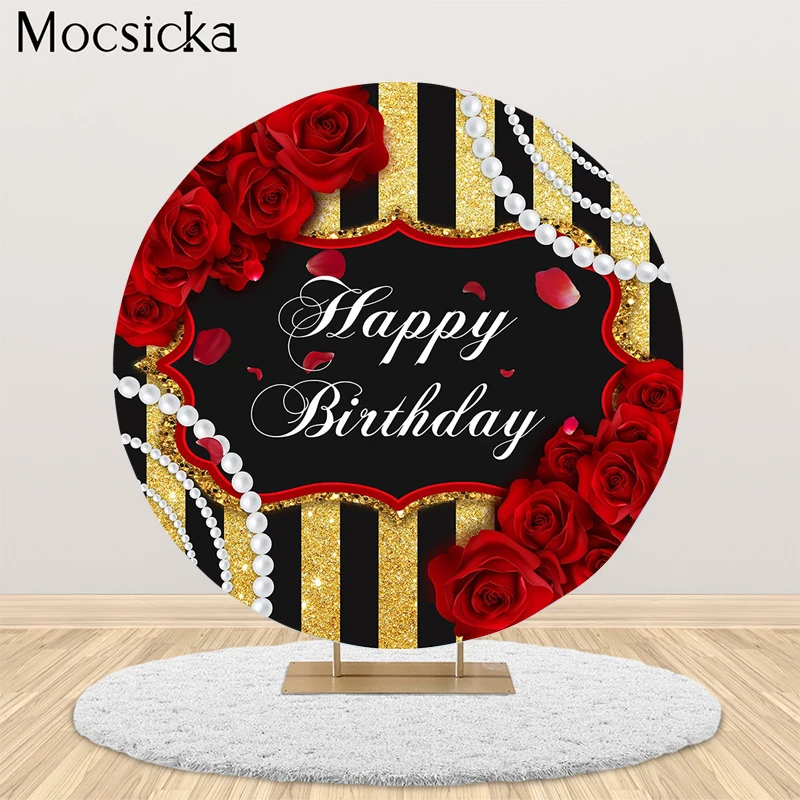 MOCSICKA Happy Birthday Round Photography Backdrops Flowers Stripes Decoration Props Adult Party Background Studio