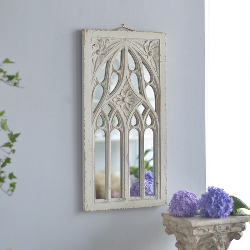 Retro White Wooden Window Wall Mirror for Home Decoration