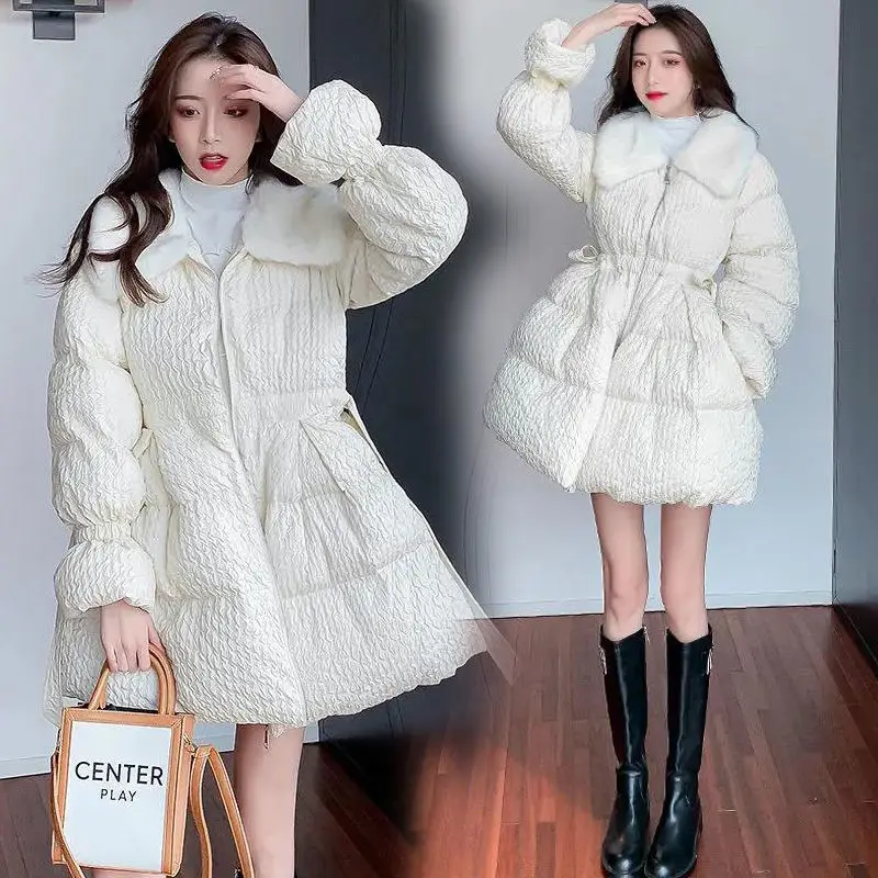 2024 New Fashion Fur Lapel Collar Winter Down Cotton Jacket Female Skirt Style Korean Thick Warm Coat Padded Ladies Clothes