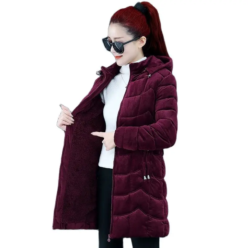 

2022 New Women Parkas Winter Velvet Thickening Warm Hooded Corduroy Cotton Coat Femme Down Cotton Jacket 6XL D