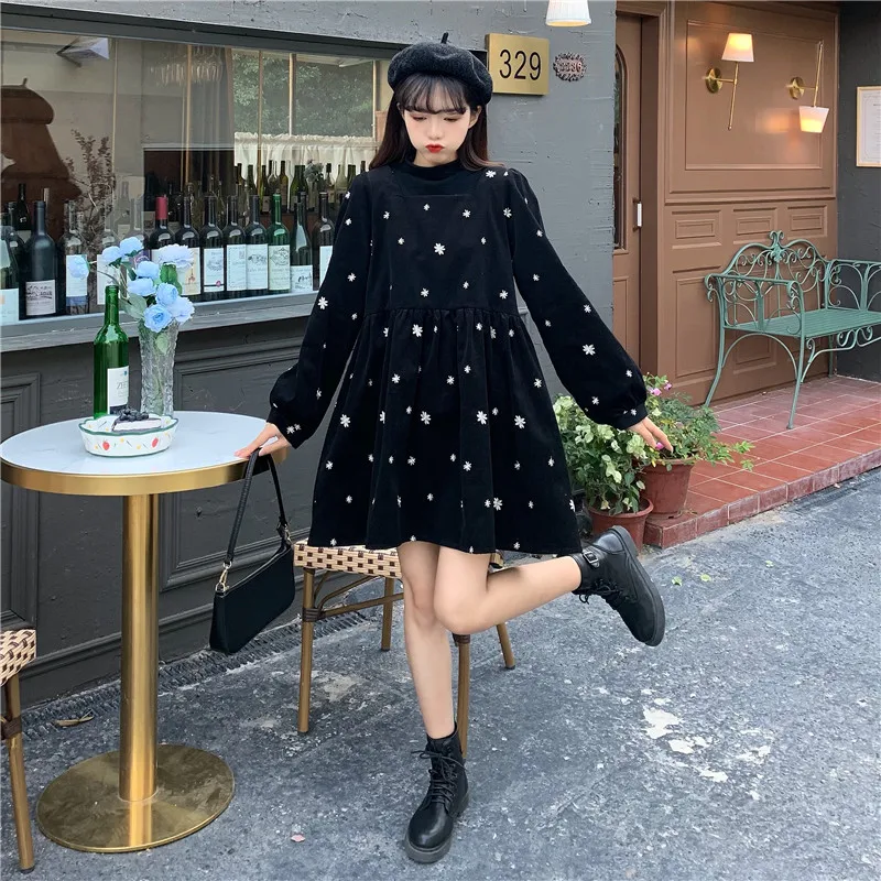 Black Dress Women's Autumn and Winter Retro Square Collar CorduroyThickened Mid-Length A- line Dress sweet lolita dress