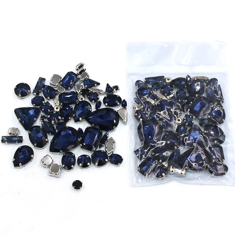 New arrive 50pcs/bag high quality mixed shape Ink blue glass crystal sew on rhinestones with claw diy clothing accessories