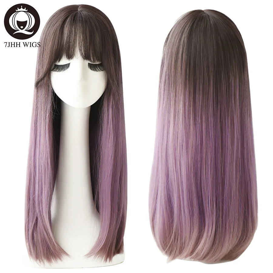 7JHH Purple Black Long Straight Hair With Bangs Wigs For Women Noble Lolita Wig Heat Resistant Synthetic Wigs Cosplay Or Party