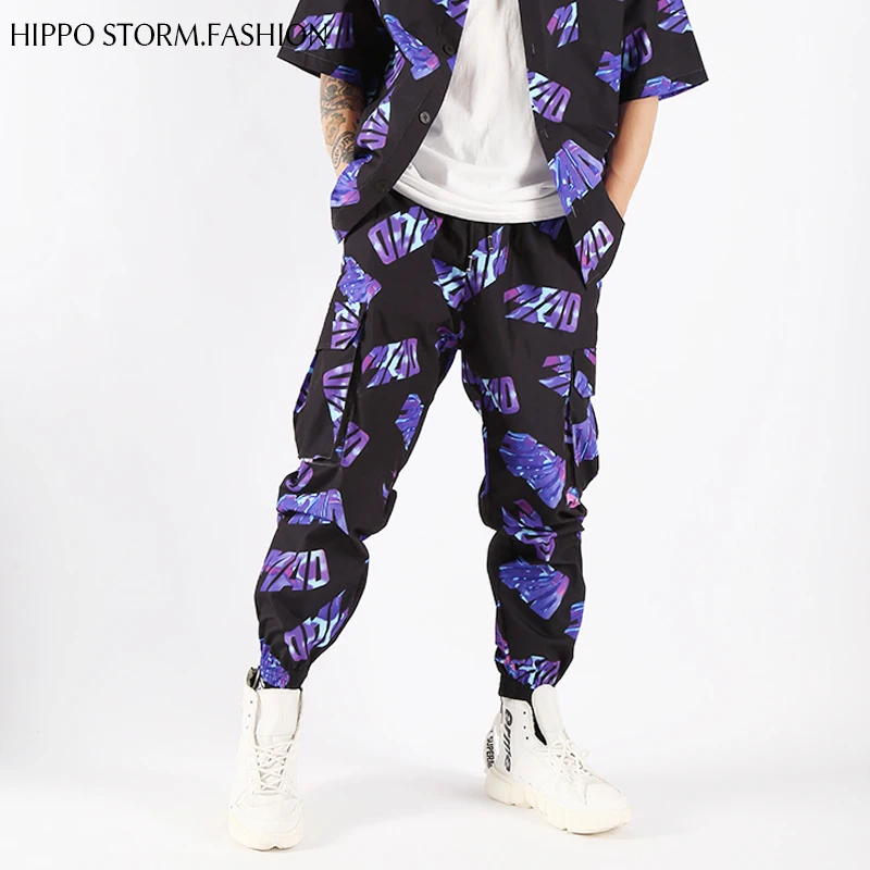 Pantalones informales con estampado azul para hombre, ropa Retro con múltiples bolsillos, a la moda, Hip-hop, holgados, S-4XL