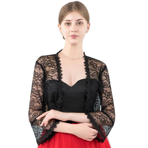 Elegant 2022 New Shares of women / girls 3/4 long sleeve Black Blue Wine Red lace shoulders cropped bolero jacket wedding wraps