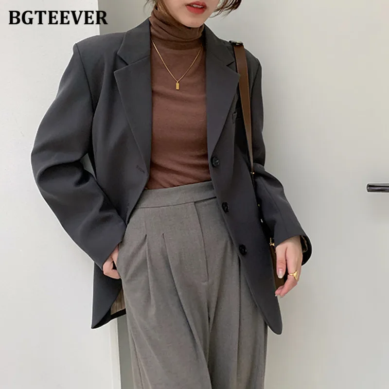 BGTEEVER Stylish Loose Office Ladies Solid Blazer Chic Notched Collar Full Sleeve Women Outwear Elegant Spring Suit Jacket Femme