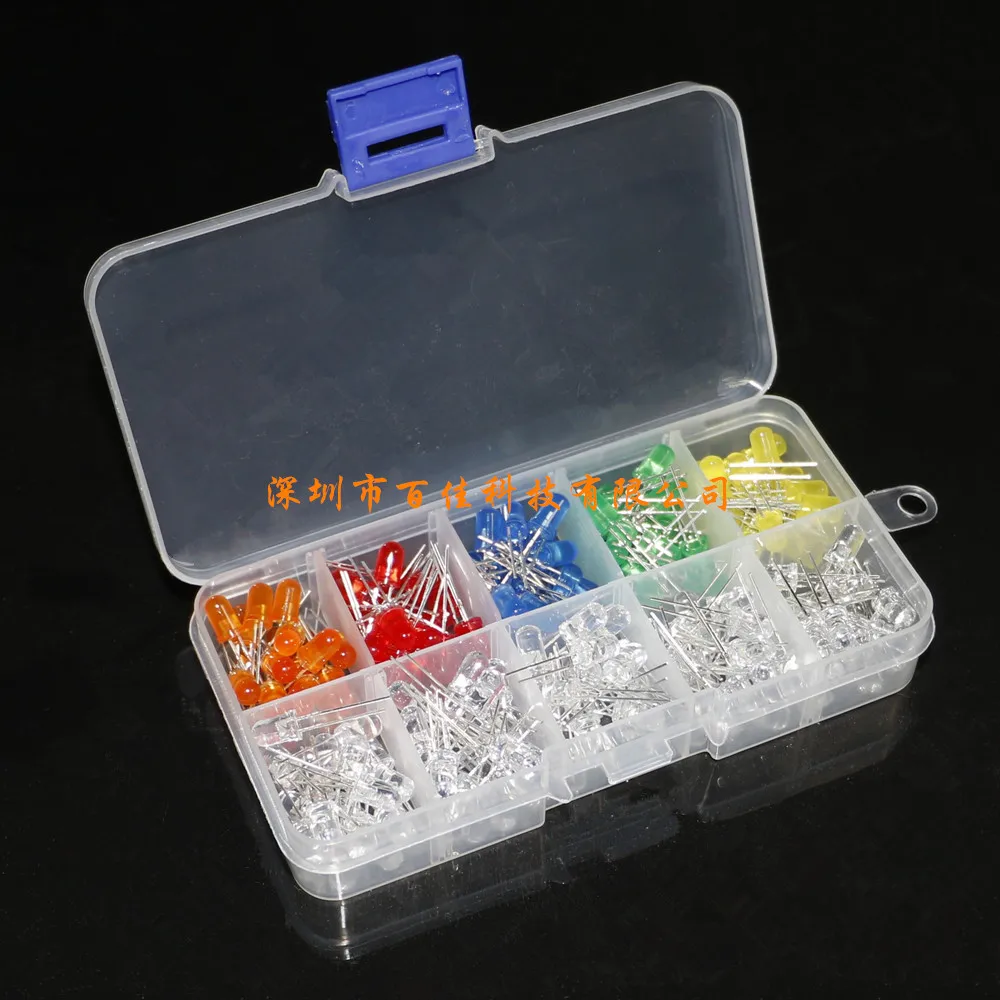 200Pcs 5mm red green yellow orange blue transparent LED round light emitting diode box