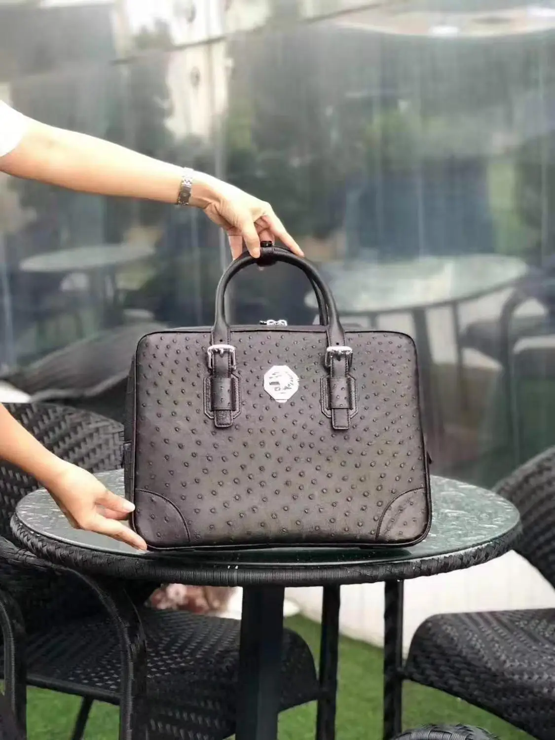 Luxe Kwaliteit High-End Echte Echte Struisvogelhuid Mannen Zakelijke Aktetas Laptoptas Tas Zwarte Koffie Bruine Koe Huid Voering