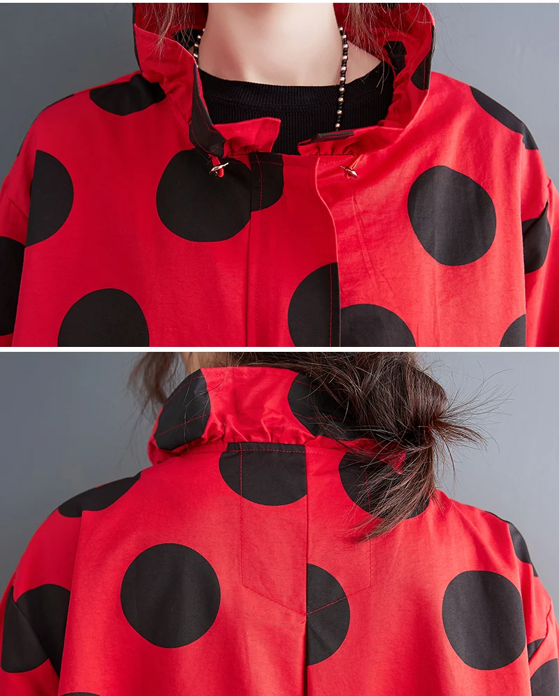 2026 Autumn Winter Oversized Polka Dot Long Trench Coat For Women Clothes Stand Collar Drawstring Fashion Casual Loose Outerwear