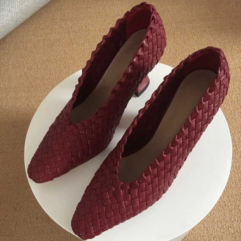 2020 Autumn Winter Weave Pumps Strange Style Heel Shallow Square Toe Slip On Burgundy Shoes Handwork High Heel Shoes Casual