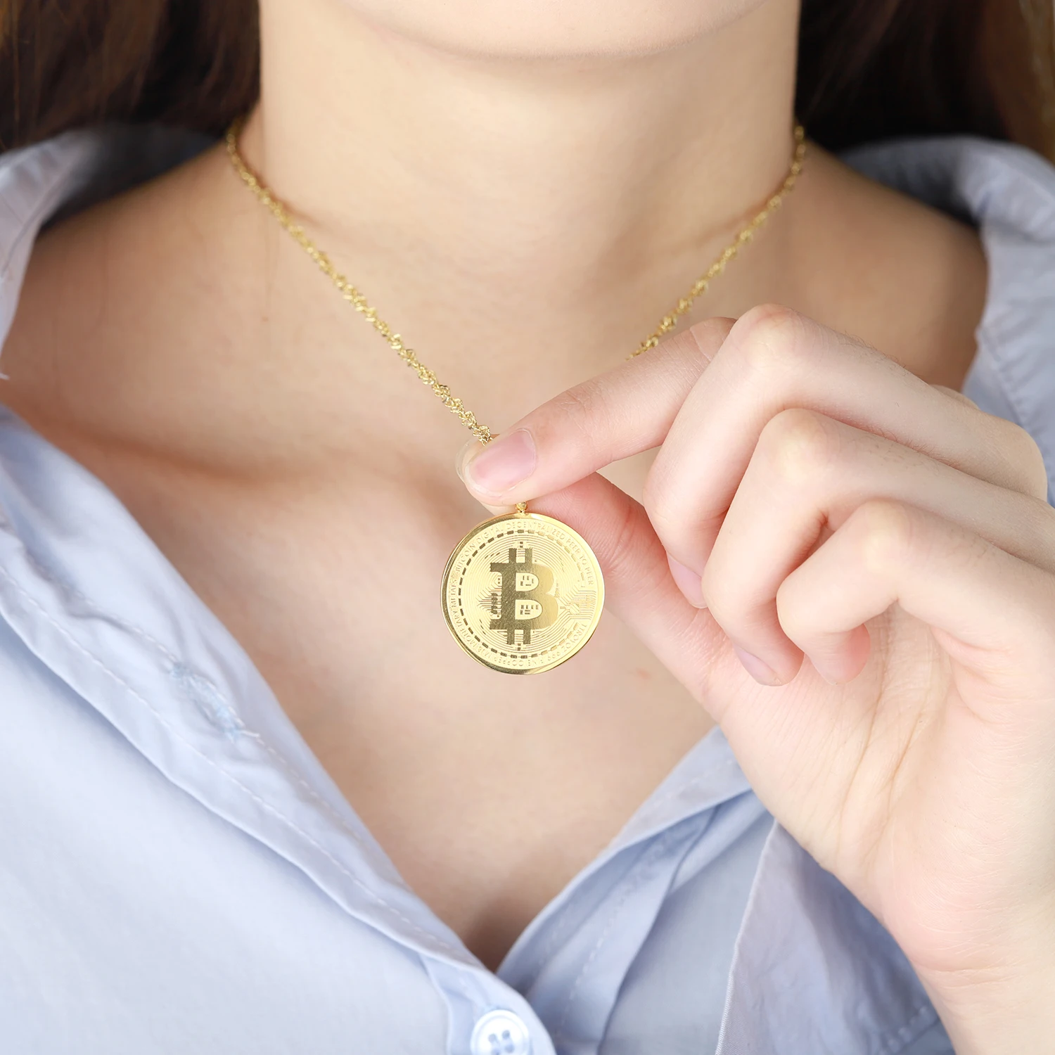 Gold Bitcoin Pendant Necklace Personalized Him Name Engrave Necklaces For Women Pray Goodluck Wealth Creative Couples Jewelry