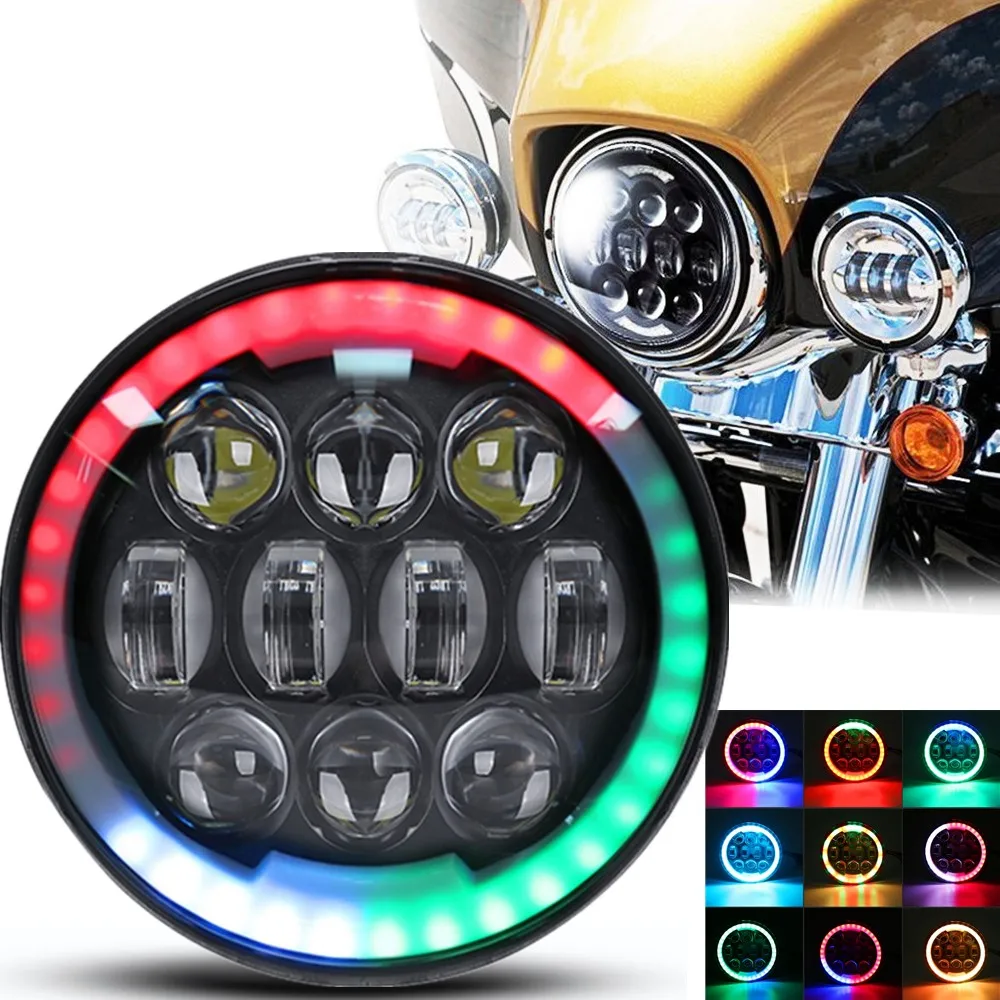 

RGB Halo 5 3/4 5.75 inch LED Headlight DRL Bluetooth App For Dyna Softail Sportster Wide Glide Iron 883 Street Bob Low Rider 80W