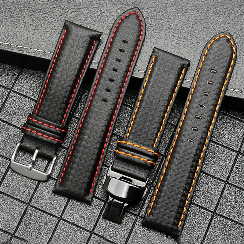 18mm 20mm 21mm 22mm 23mm 24mm Carbon Fiber Pattern Leather Watch Strap  Black Red Orange Stitching Watchband Men\'s watch accesso