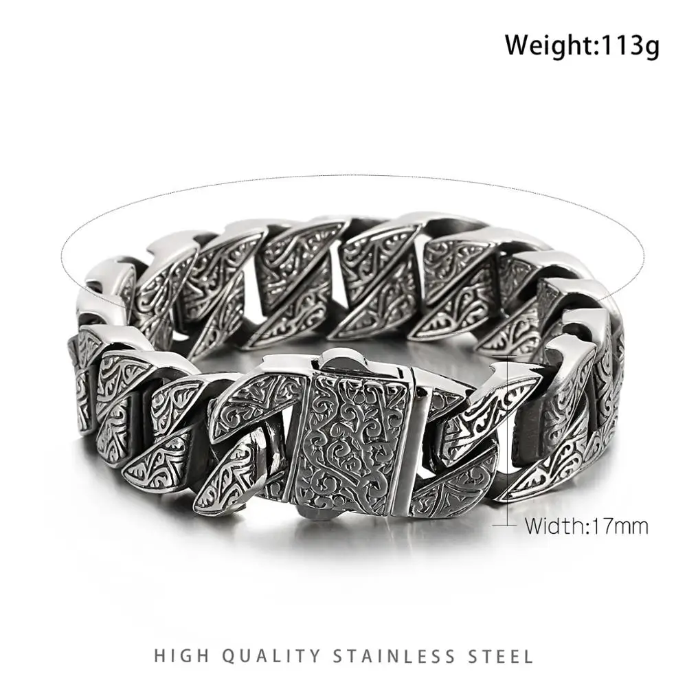 17mm Triangle Geometric Mysterious Curb Cuban Bracelet Mens 316L Stainless Steel Rock Charm Bracelets