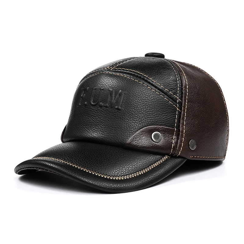 Man Hats Genuine Leather Letter Printed Baseball Cap Male Cowhide Two Tone Outdoor Auburn Leisure Warm Caps With Ear Tab Gorra