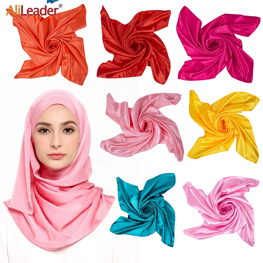 Cheap Solid Color Silk Satin Scarf Hijab Shawl Fashion Silk Satin Women Hair Scarf Silk Satin Bandana Women Autumn Winter Scarf