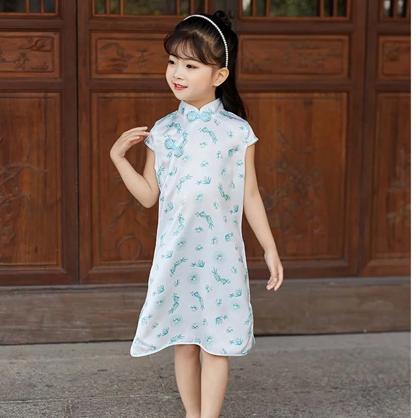 

Chinese Girls Dress Cheongsams Traditional Silk Floral Print Summer Short Sleeve Qipao Baby Kids Hanfu Dresses Short Sleeve