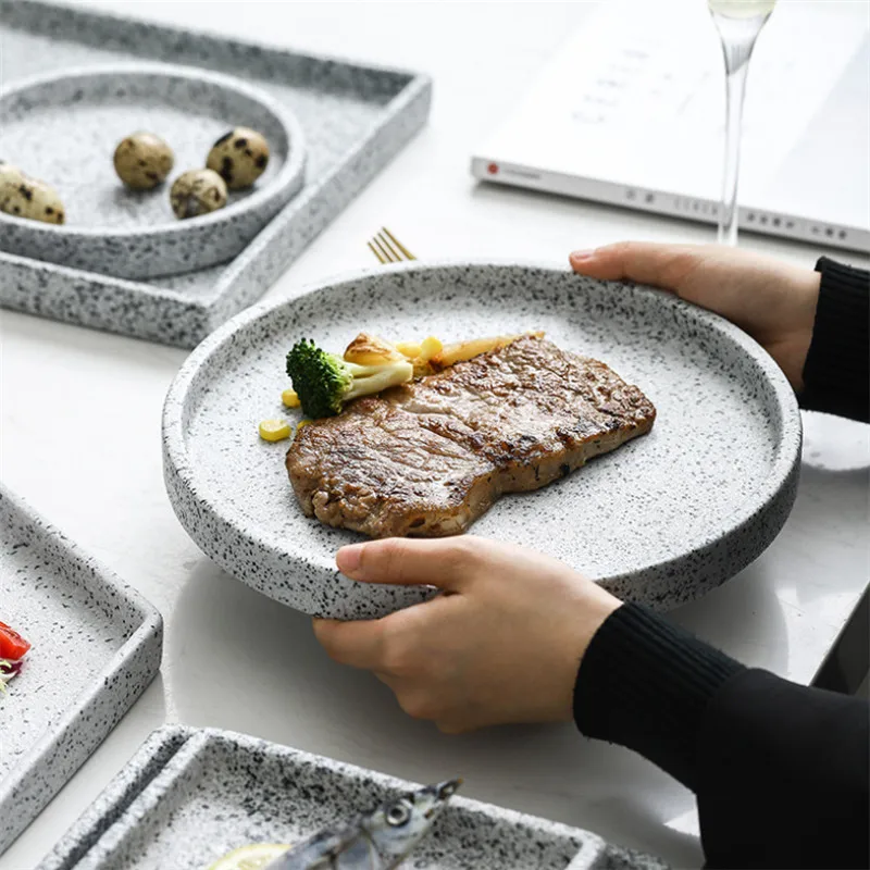 Ceramic Pastry Tray Imitation Granite Stone Steak Dish Nordic Household Dessert Dish Dinner Pasta Plate Rectangular Storage Tray