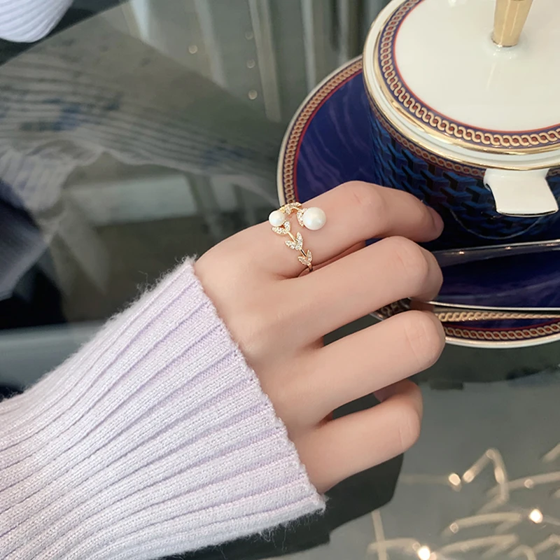 14K Real Gold Plating Korean New Design Fashion Jewelry Wheat Ear Leaf Bead Ring Elegant Women\'s Opening Adjustable Accessories