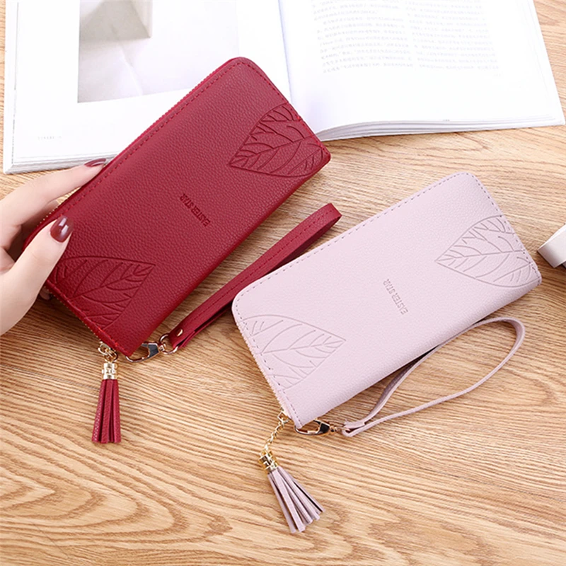 Fashion Womens Wristband Wallets Long PU Leather Coin Purses Leaves Multifunction Female Clutch Phone Money Card Holders