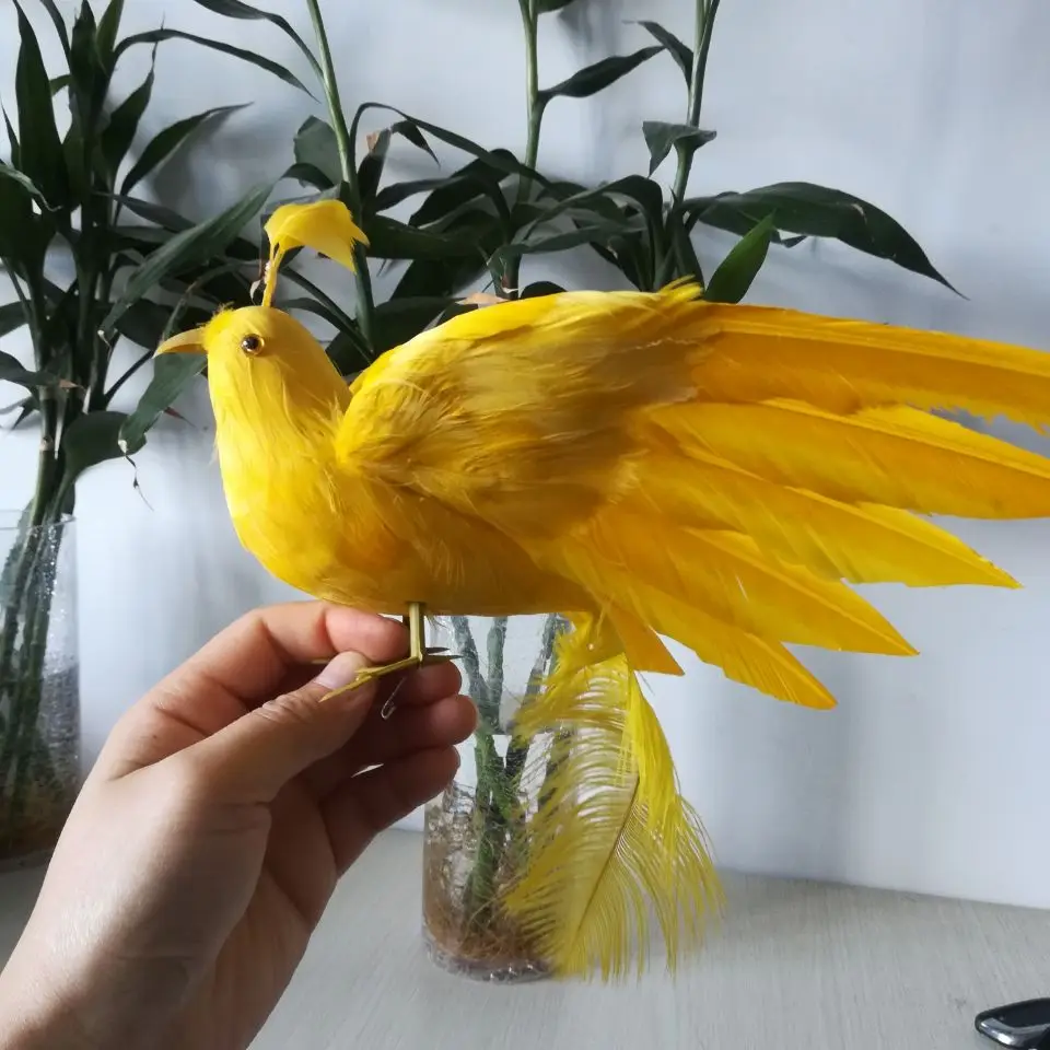 about 28x25cm yellow feathers Phoenix bird hard model, foam & feathers bird prop,home garden decoration toy Xmas gift b0908