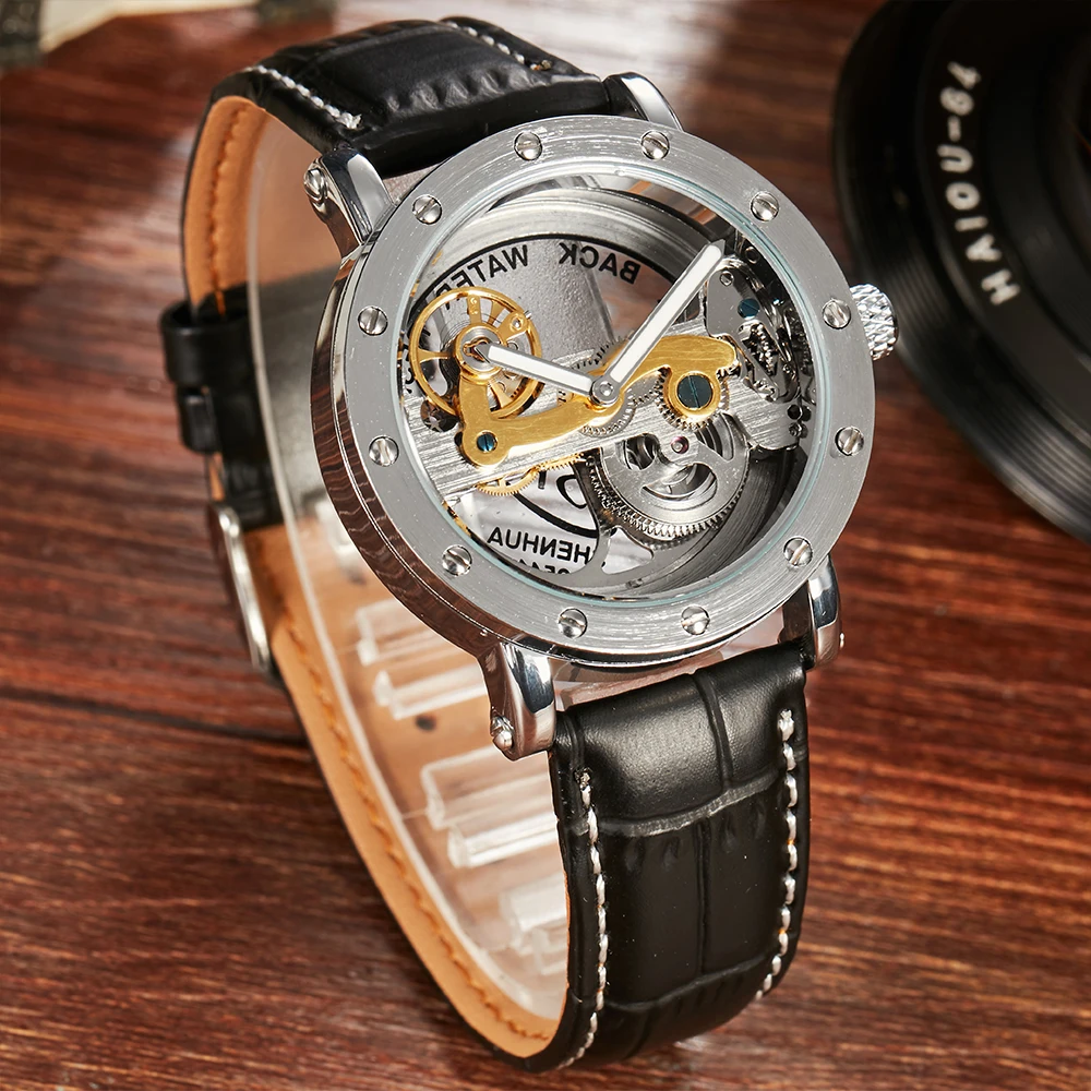 Transparent Automatic Mechanical Watch Men Steampunk Skeleton Bridge Luxury Self Winding Leather Male Watches TODO  montre homme